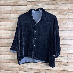 CP Shades  Dark Teal Velvet Button Down Collared Top - Medium